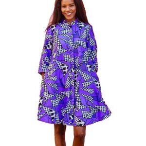 NWT ZURI Kenya Shirt Dress saved by the bell L Cotton Purple White Black Pockets